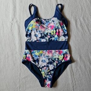 Moontide Floral Blue Pink Swimwear One Piece Swimsuit Size 8
